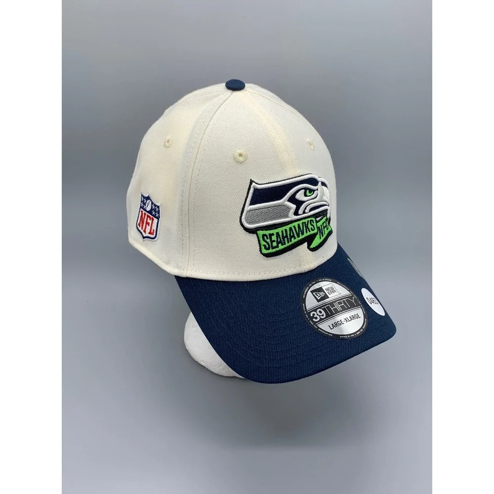 New Era 39THIRTY Seattle Seahawks NFL Hat Cream Navy Blue Mens Large-XLarge